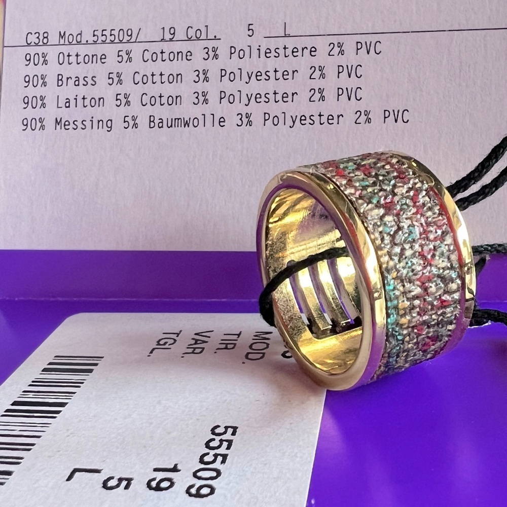 ETRO Wide Band Gold Tone Texture Colors Brass Ring Size US 8 Large 19 New - Picture 5 of 8